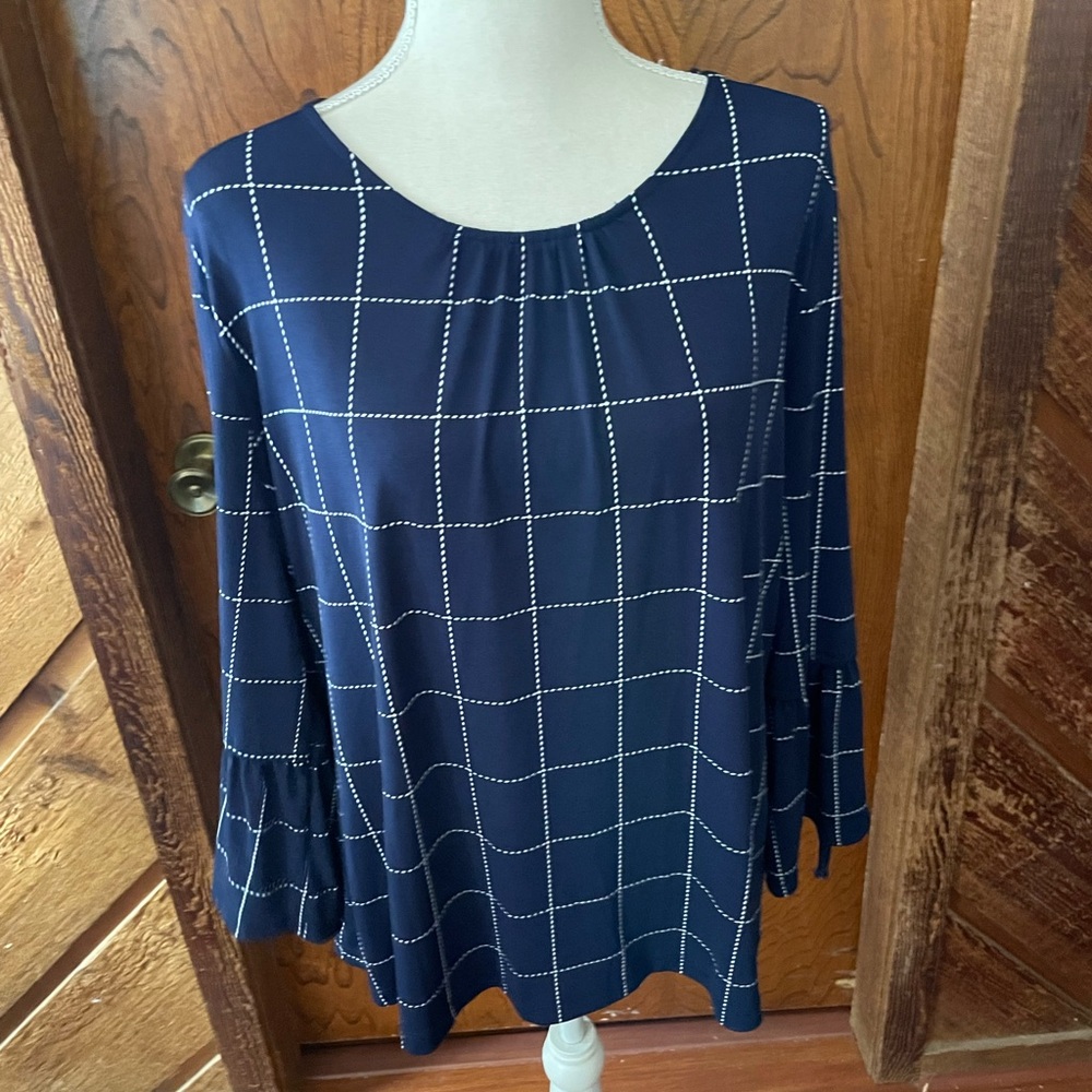 Liz Claiborne Career blue white blouse size XL round neck spandex bell sleeves - Picture 7 of 16